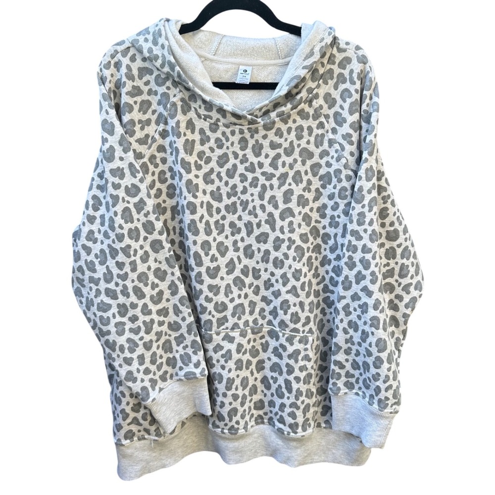 90 Degree by Reflex Womens 3X Gray Leopard Print Fleece Pullover Hoodie 144527